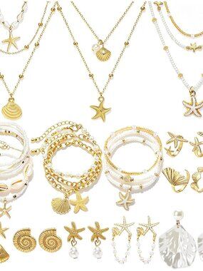 Stackable Gold Jewelry Set - Bohemian 49pc Ocean-Inspired Accessories for Women